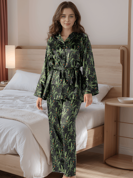 Midnight Jungle Satin Silk 5 Piece Pj Set For Women