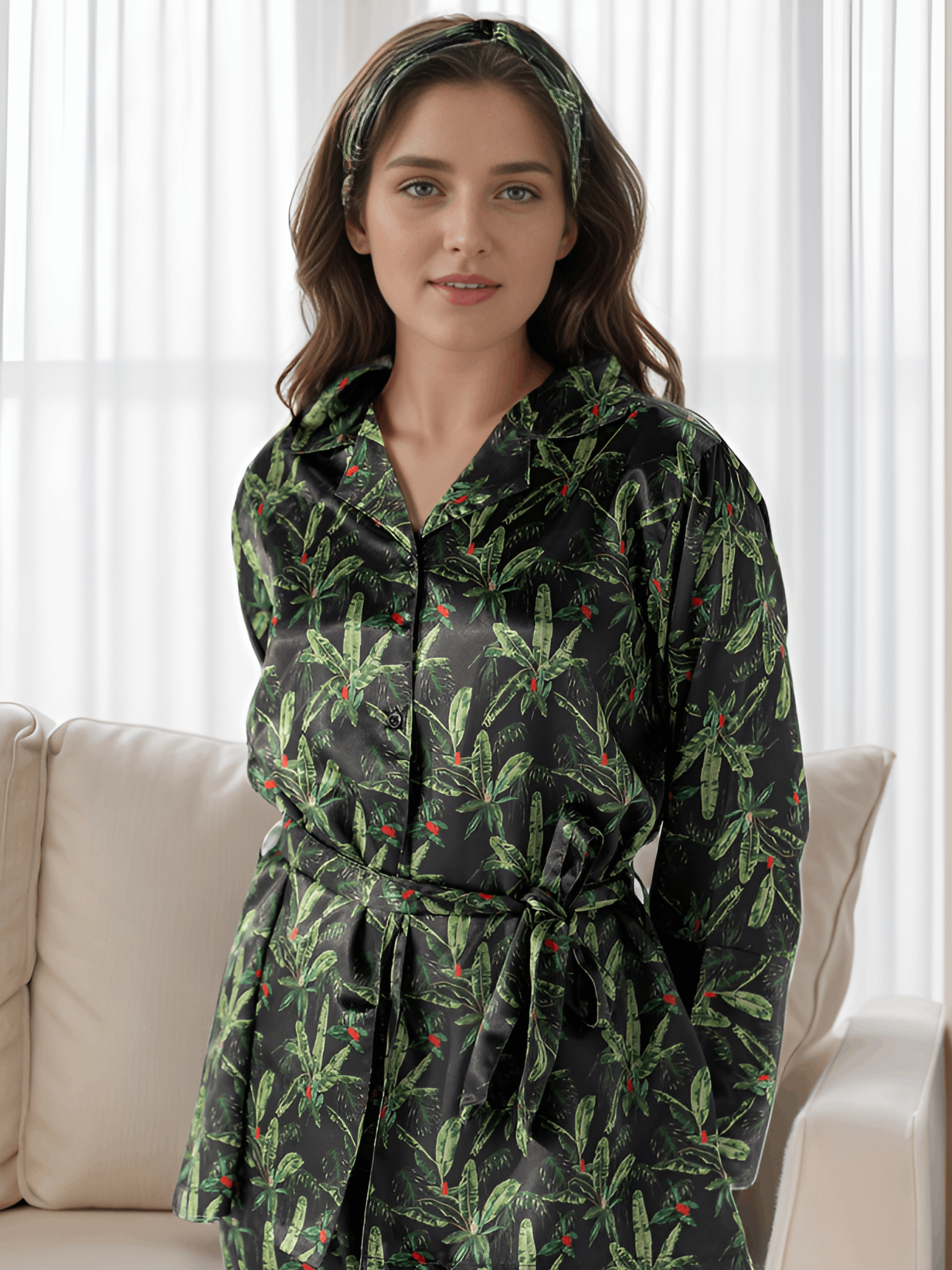 Midnight Jungle Satin Silk 5 Piece Pj Set For Women