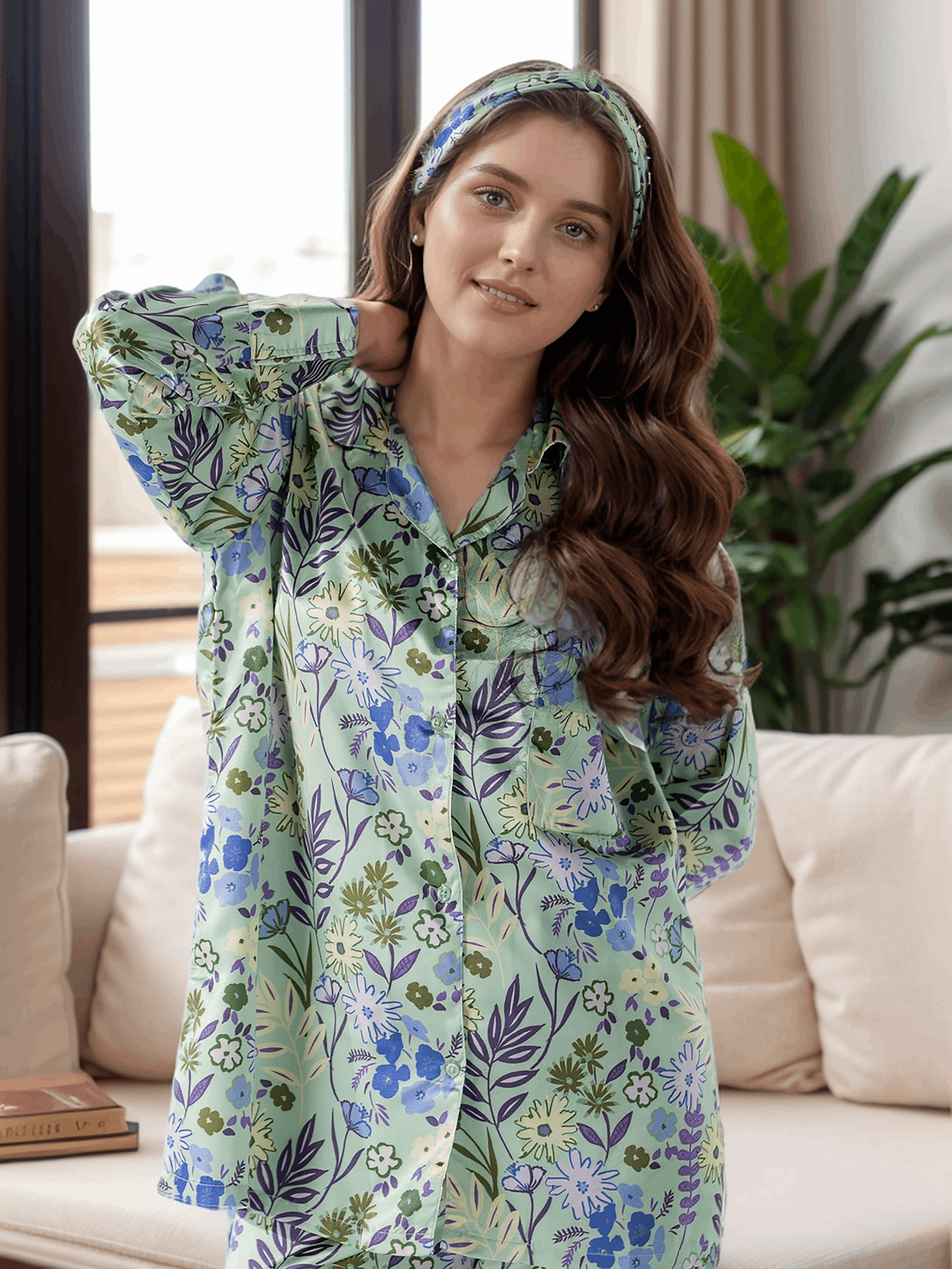 Mint Blossom Satin Silk 5 Piece Pj Set For Women