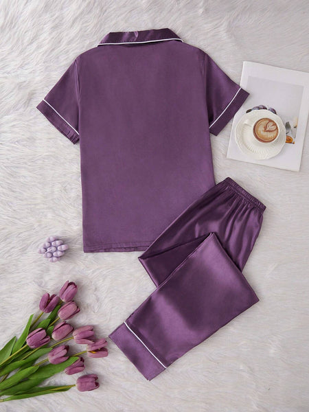 Misty Plum Satin Silk Pj Set For Women