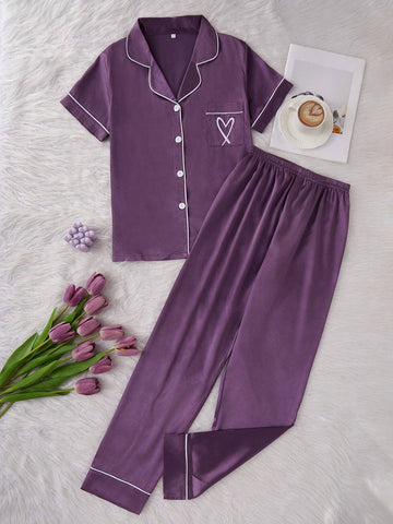 Misty Plum Satin Silk Pj Set For Women