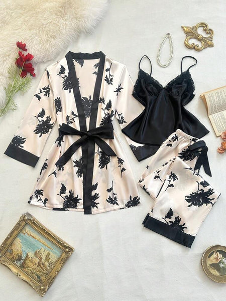 Moonlight Petals 3 Piece Satin Silk Lingerie Set For Women