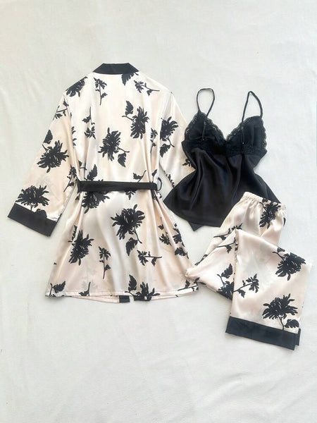Moonlight Petals 3 Piece Satin Silk Lingerie Set For Women