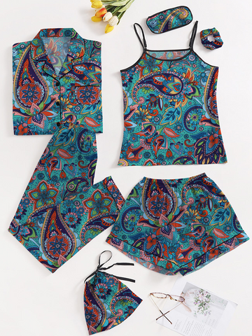 Mosaic Charm 7 Piece Satin Silk Lingerie Set For Women