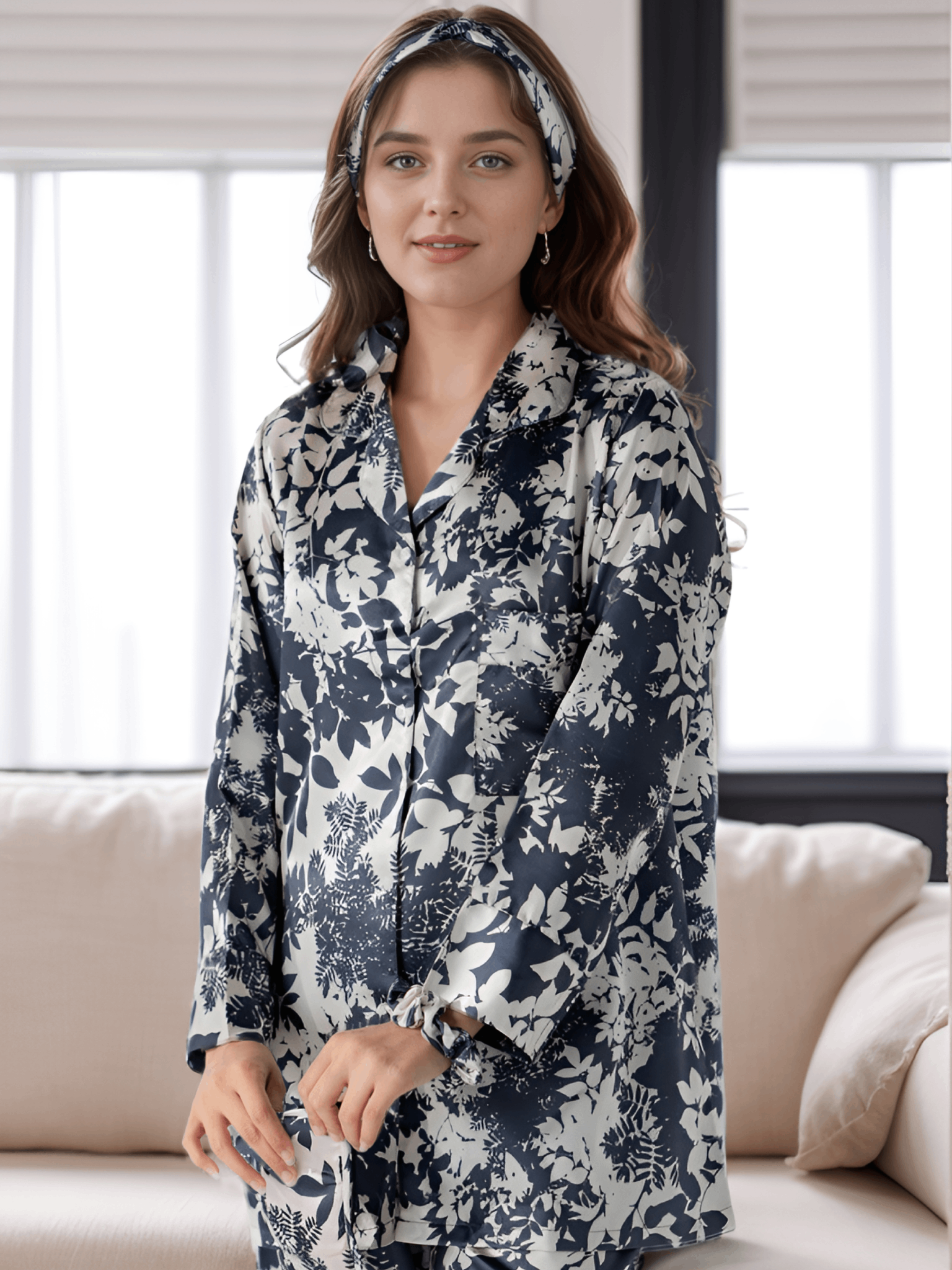 Noir Leaf Satin Silk 5 Piece Pj Set For Women
