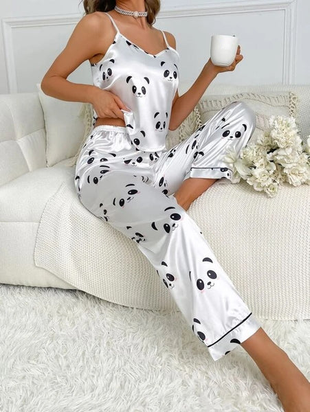 Panda Dream Silk Cami Top & Pants PJ Set For Women