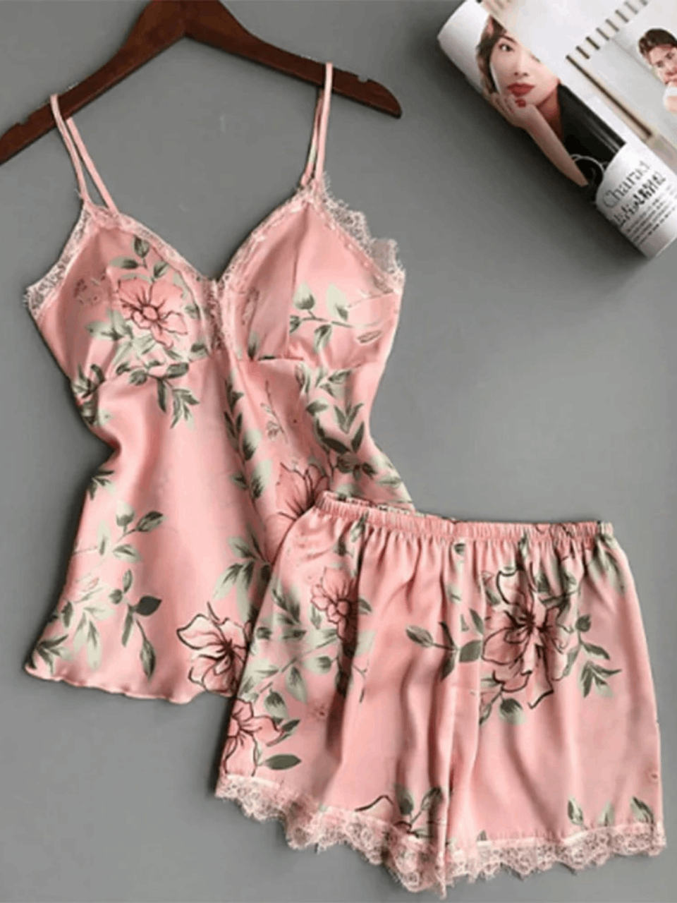 Pink Petal Lace Silk Cami Set For Women