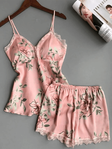 Pink Petal Lace Silk Cami Set For Women