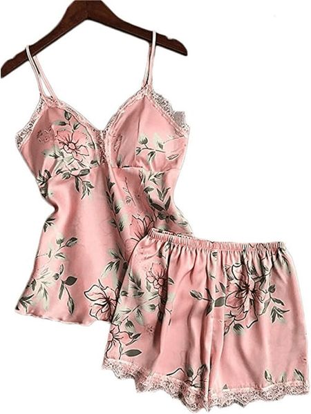 Pink Petal Lace Silk Cami Set For Women