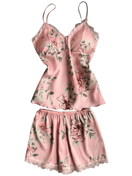 Pink Petal Lace Silk Cami Set For Women