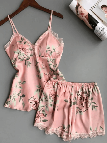 Pink Petal Lace Silk Cami Set For Women