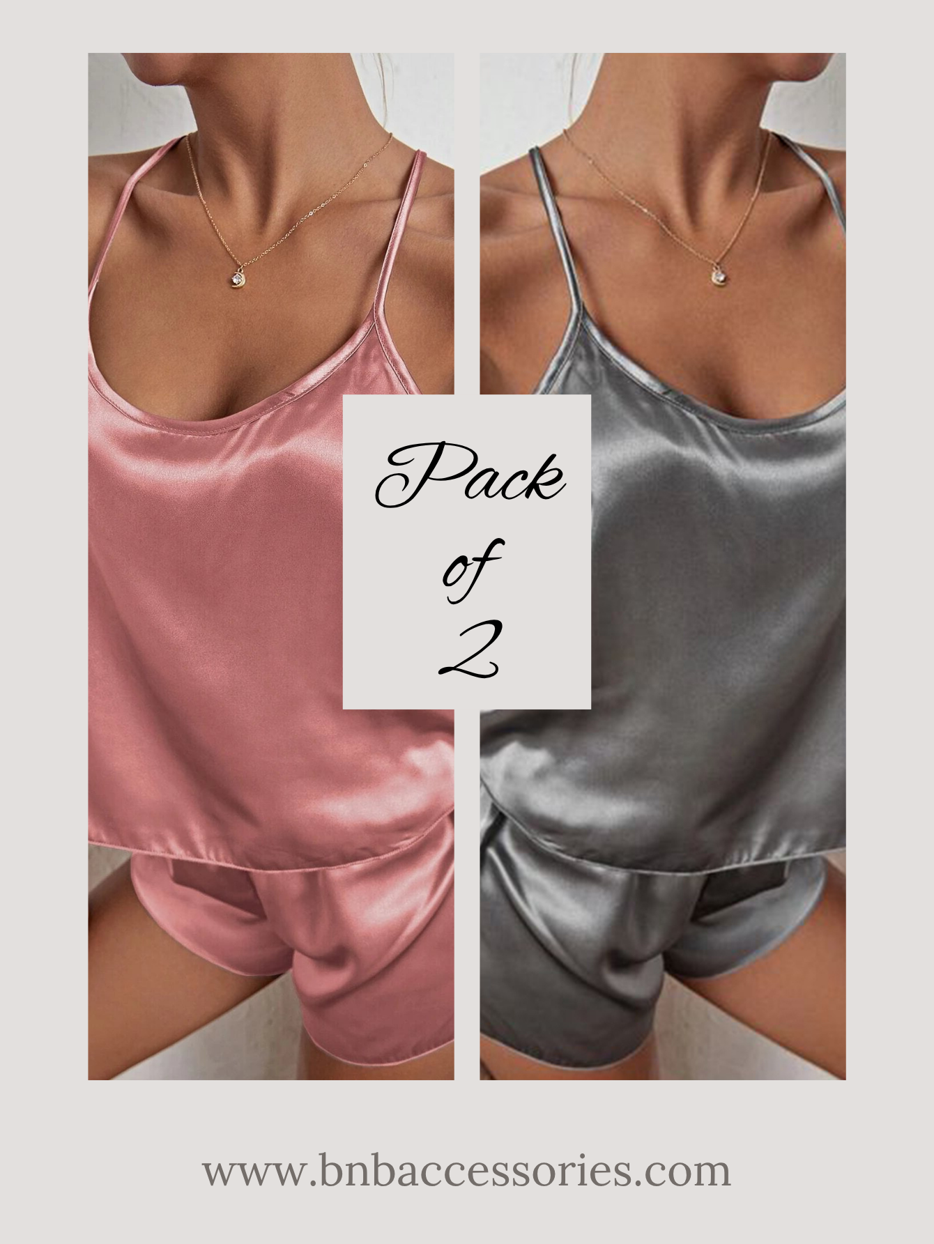 Pink & Silver Silk Round Neck Cami Set For Women - Pack of 2