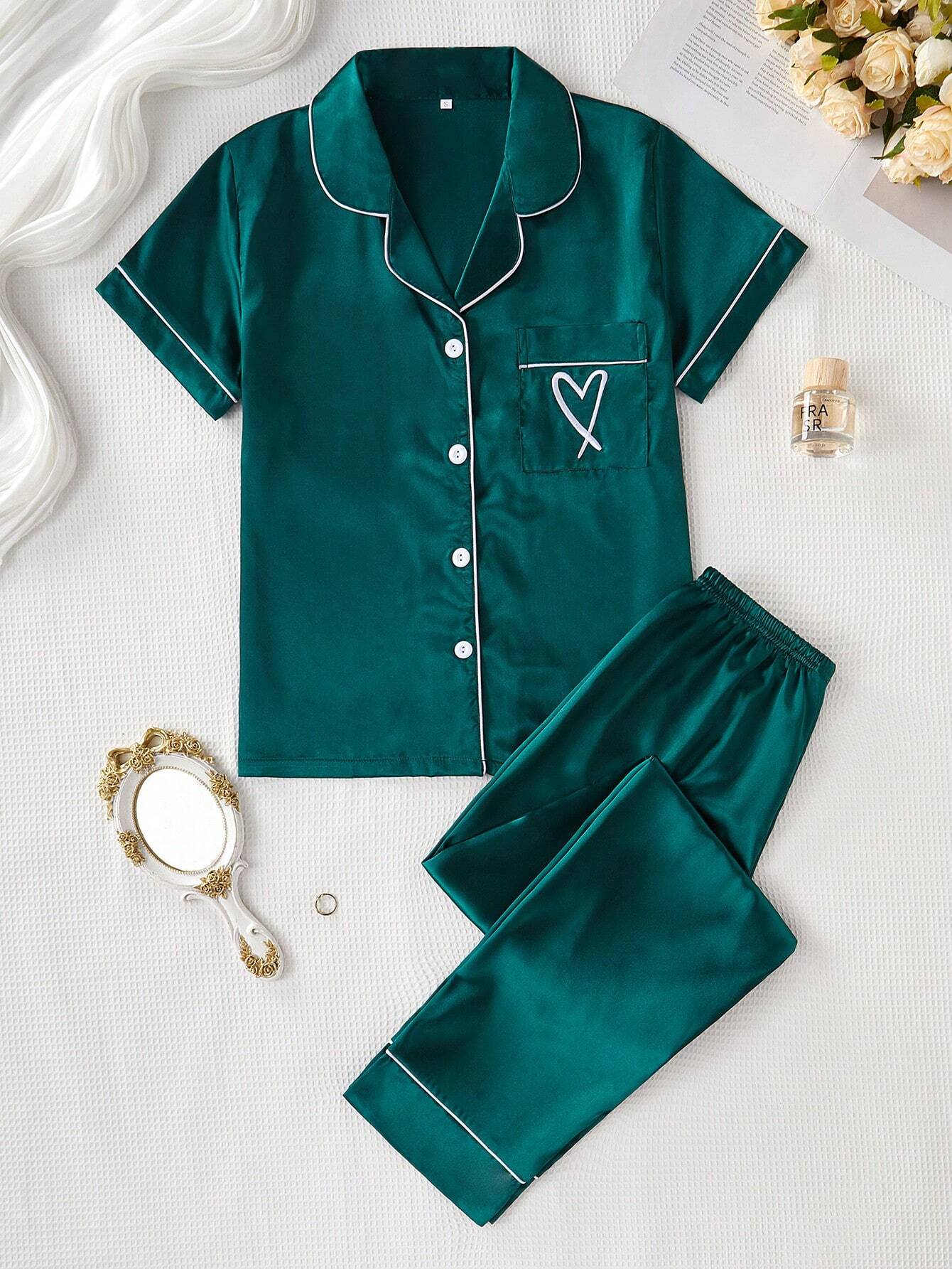 Quince Verdant Satin Silk Pj Set For Women