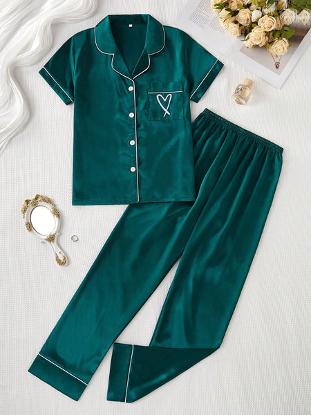 Quince Verdant Satin Silk Pj Set For Women