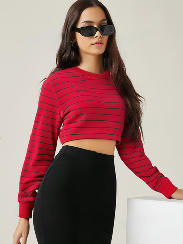 Red & Blue Lining Crop Sweatshirt For Women