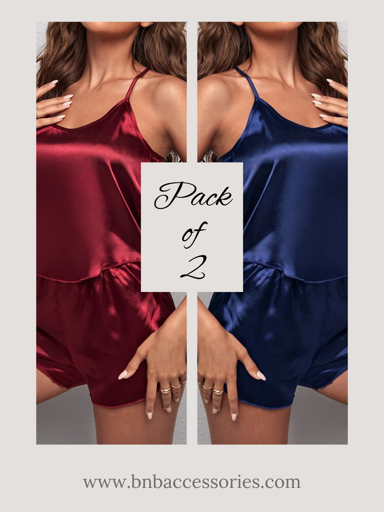 Red & Blue Silk Round Neck Cami Set For Women - Pack of 2