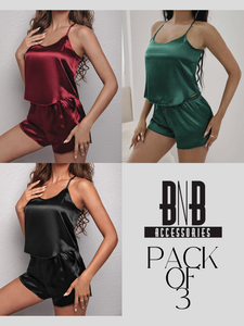 Ruby Emerald & Black Silk Cami Set For Women - Pack of 3