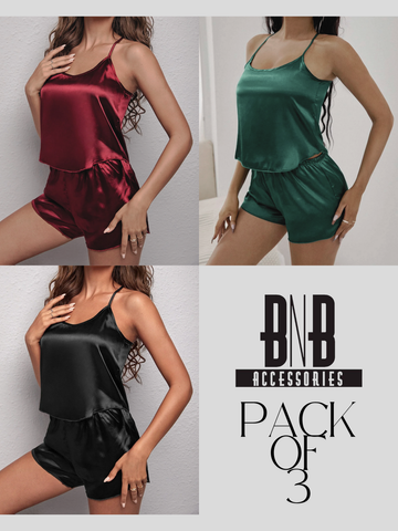 Ruby Emerald & Black Silk Cami Set For Women - Pack of 3