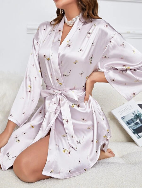 Lilac Serenity Satin Silk Belted Robe For Women