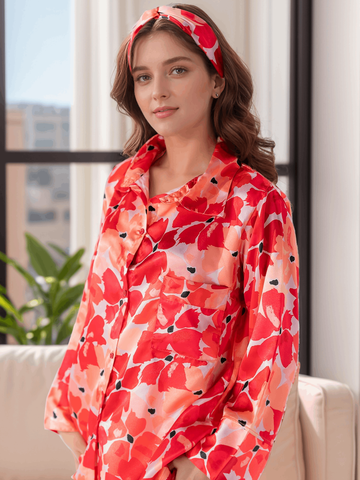 Scarlet Petals Satin Silk 5 Piece Pj Set For Women