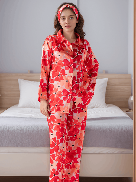 Scarlet Petals Satin Silk 5 Piece Pj Set For Women