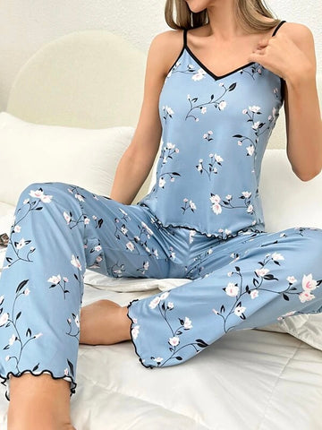 Sky Blossom Silk Cami Top & Pants PJ Set For Women