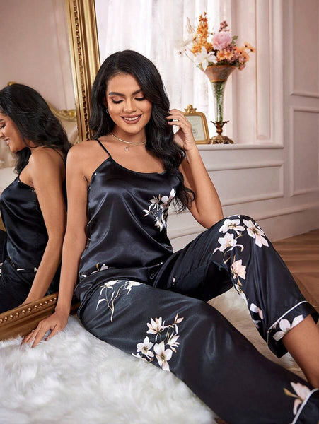 Starlit Petals Silk Cami Top & Pants PJ Set For Women