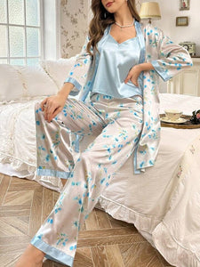 Whispering Blue 3 Piece Satin Silk Lingerie Set For Women