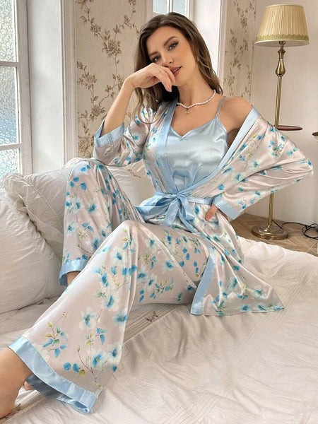 Whispering Blue 3 Piece Satin Silk Lingerie Set For Women