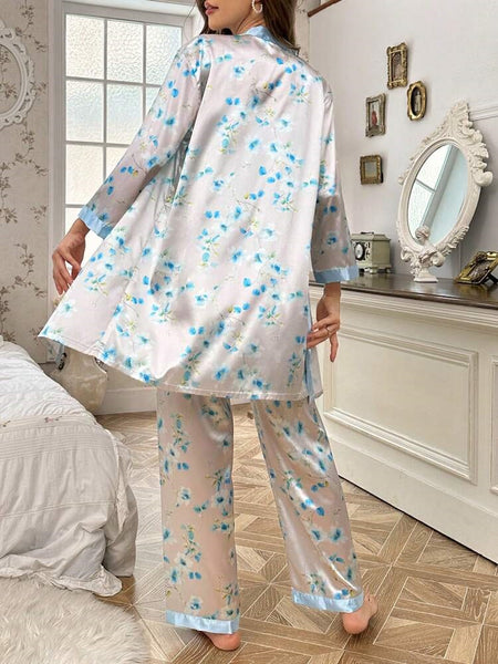 Whispering Blue 3 Piece Satin Silk Lingerie Set For Women