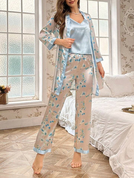 Whispering Blue 3 Piece Satin Silk Lingerie Set For Women