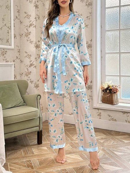 Whispering Blue 3 Piece Satin Silk Lingerie Set For Women