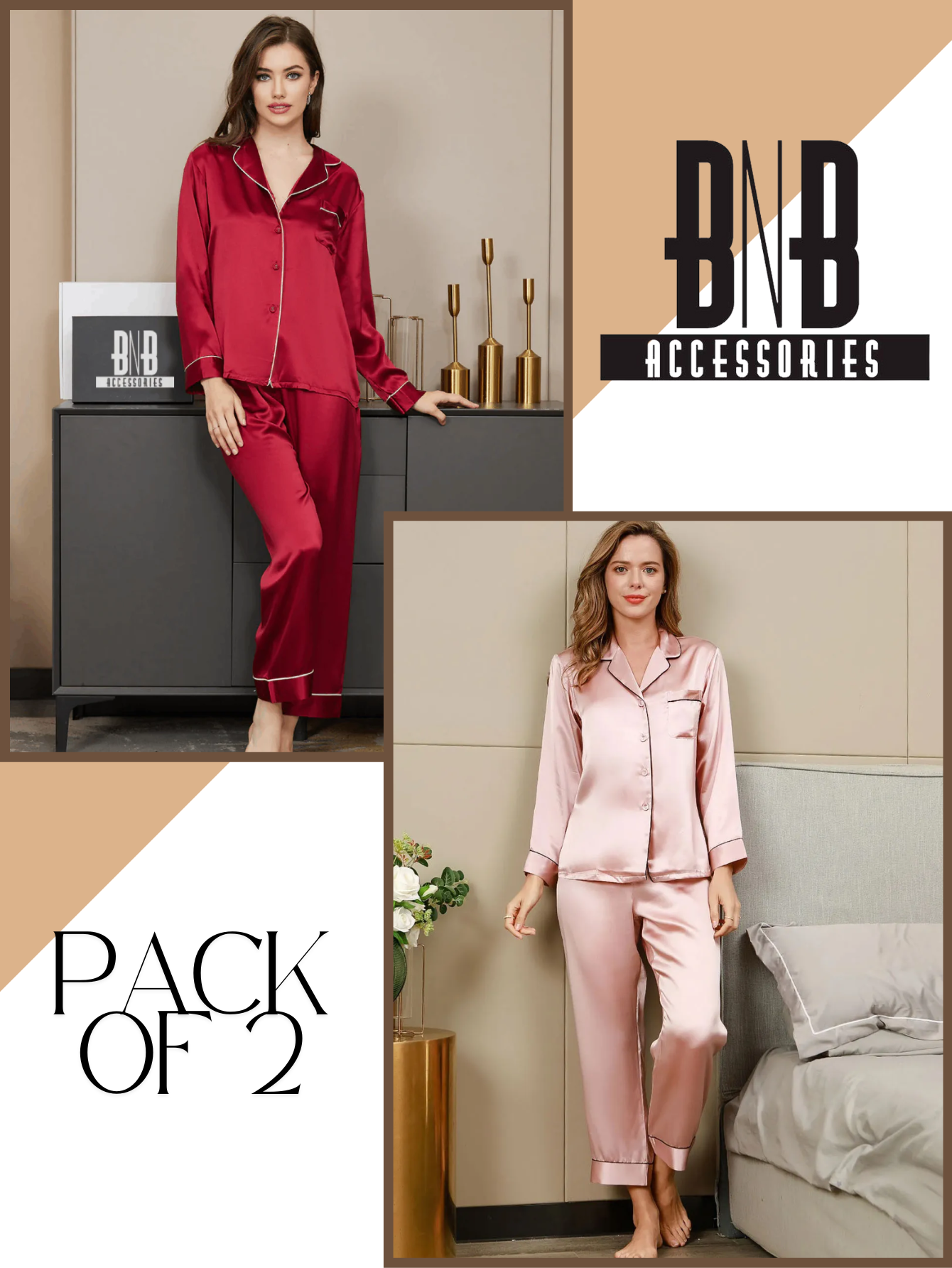 Ruby and Pink Silk Pj Set For Women - Pack of 2