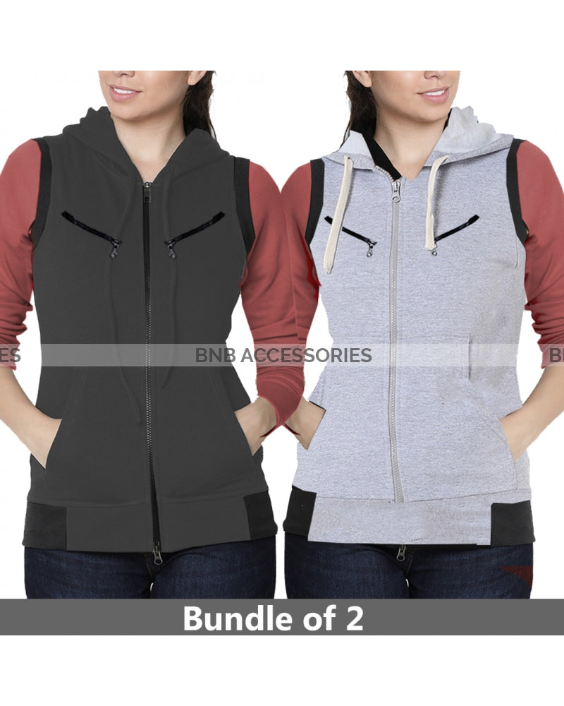 Bundle of 2 Ladies Sleeveless Front Zipper Hoodie For Women