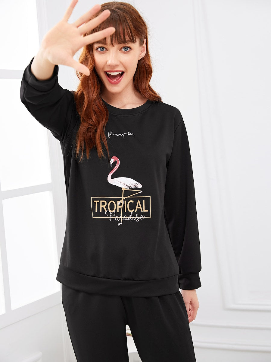 Black Tropical Paradise Night Suit For Women