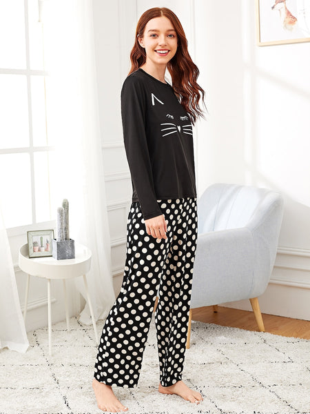 Kitten Printed Pajama Night Suit For Women