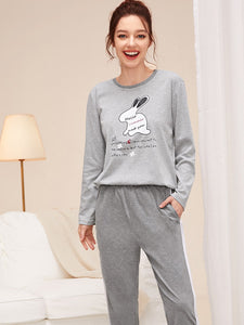 Rabbit Printed Piping Printed Night Suit For Women