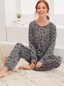 Charcoal Star Printed Night Suit For Women