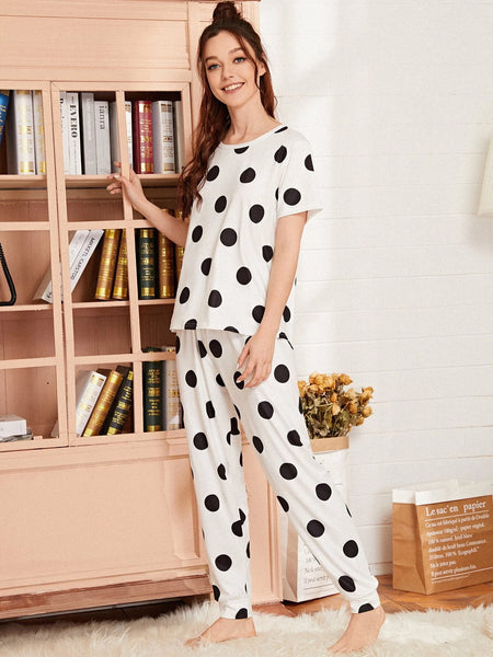 White Doted Half Sleeves Night Suit For Women