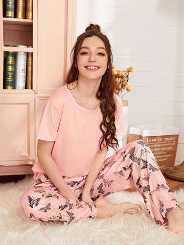 Baby Pink With Butterfly Printed Pajama Night Suit For Women