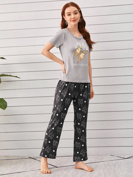 Grey Printed Night Suit For Women
