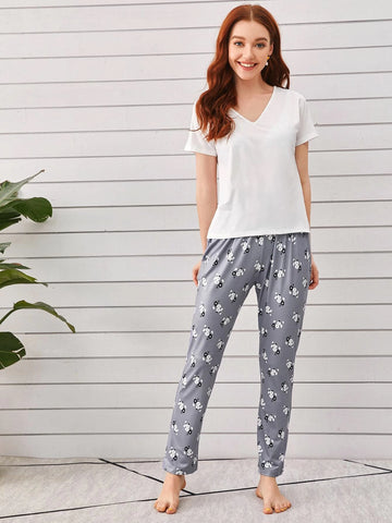 White V Neck Pajama Night Suit For Women