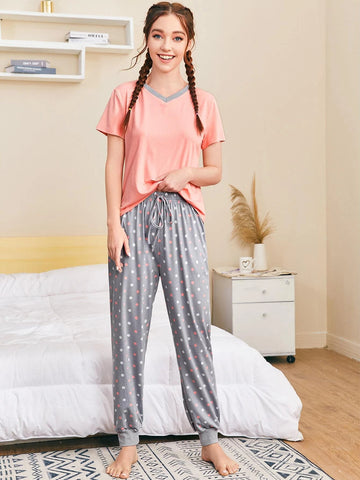 Plain Pink With Grey Pippin Night Suit For Women