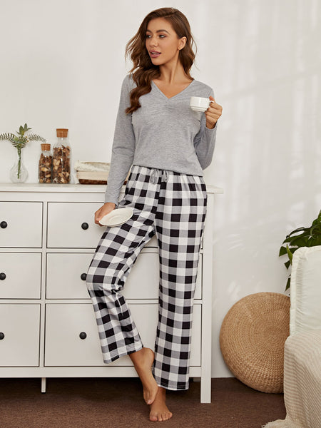 Grey V-Neck Pajama Night Suit For Women