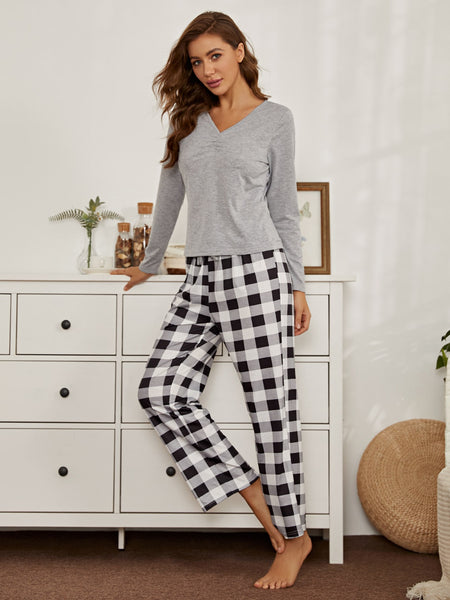 Grey V-Neck Pajama Night Suit For Women