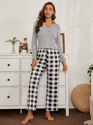 Grey V-Neck Pajama Night Suit For Women