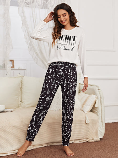 White Piano Printed Night Suit For Women