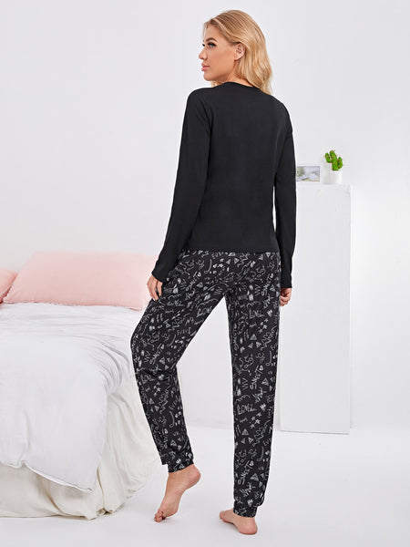 Black I Love Sunday Funday Printed Night Suit For Women