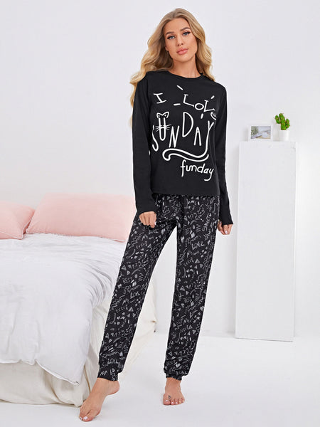 Black I Love Sunday Funday Printed Night Suit For Women