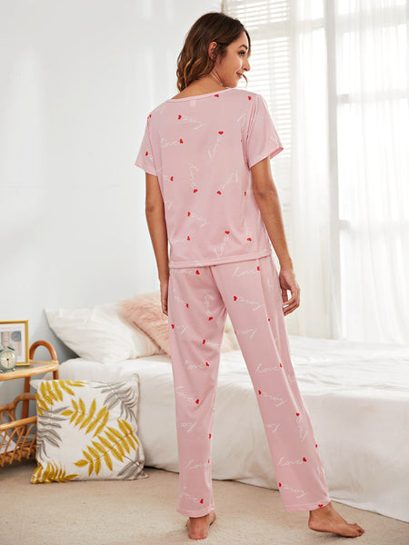 Pink Love And Heart Printed Night Suit For Women